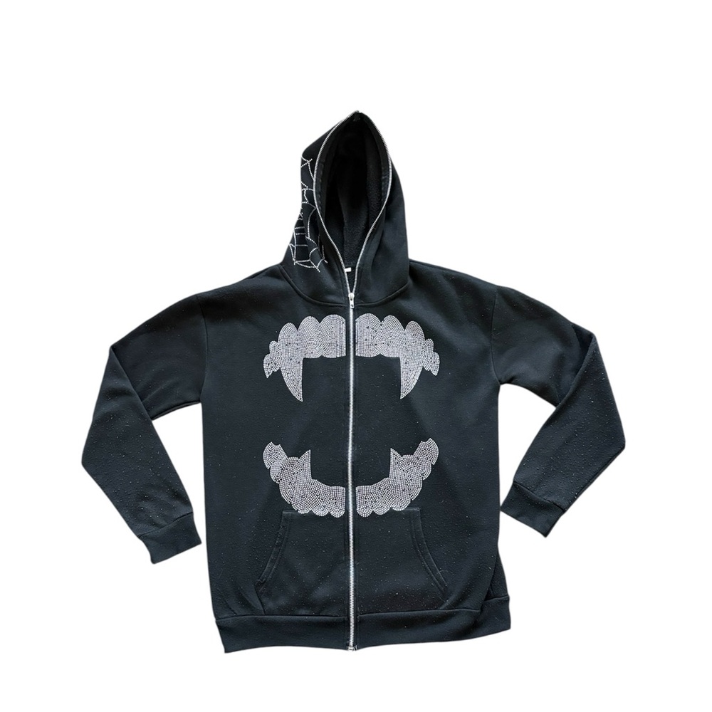 Men’s Small Vampire Rhinestone Black Zip Up Hoodie with Fang Design